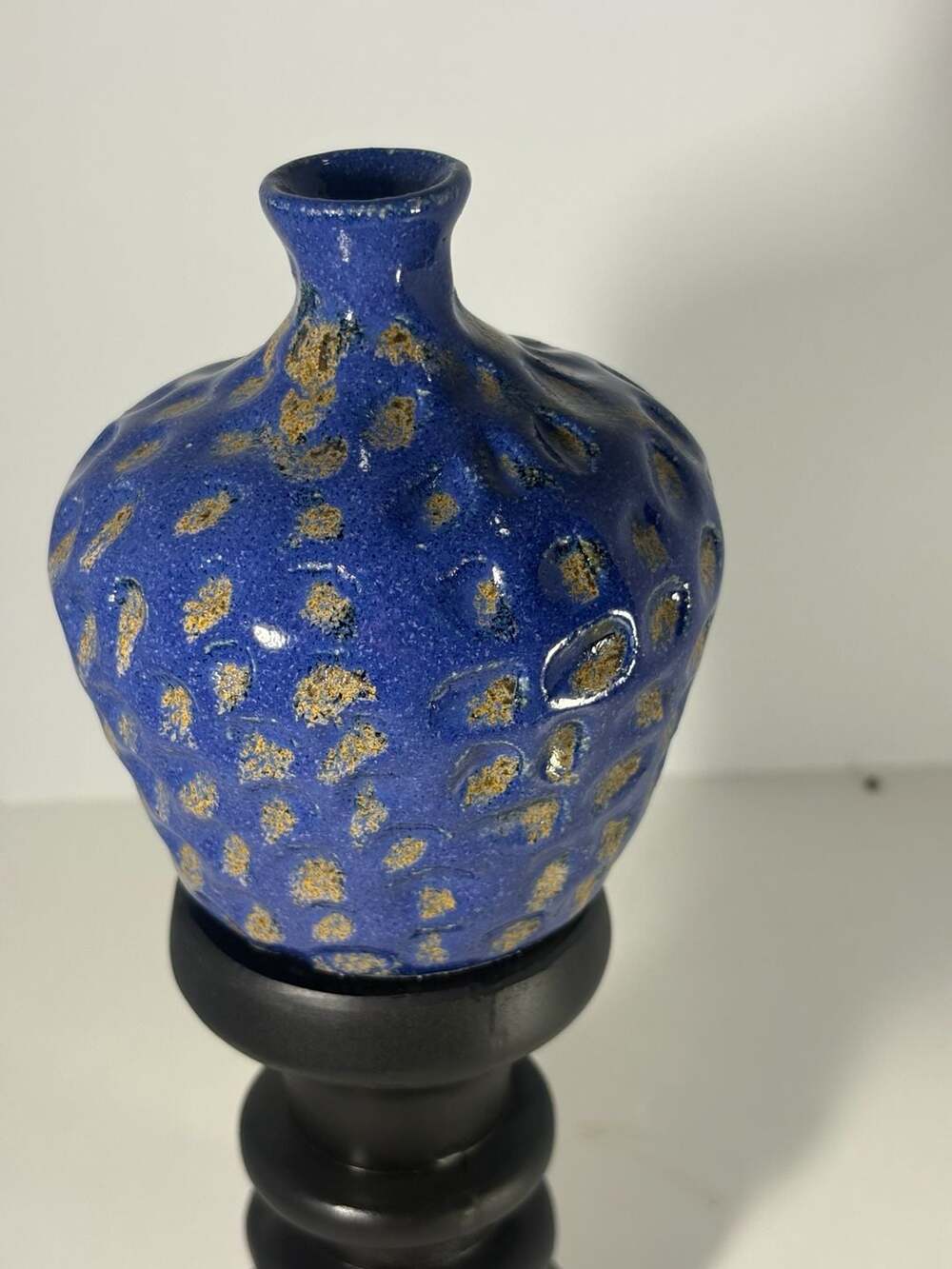 Handmade Studio Pottery Blue and Gold Speckled Ceramic Vase. Please note.